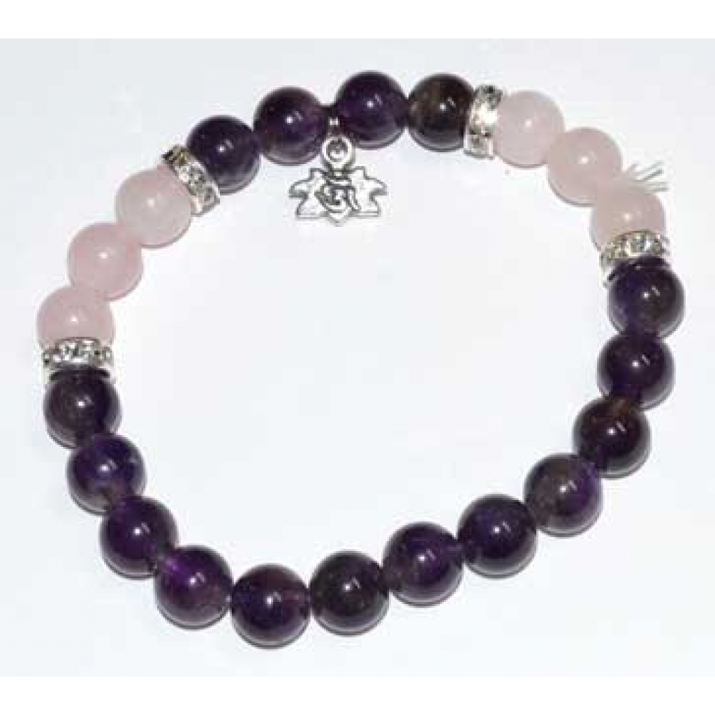 8mm Amethyst & Rose Quartz Bracelet with Lotus Accent - Love and Clarity