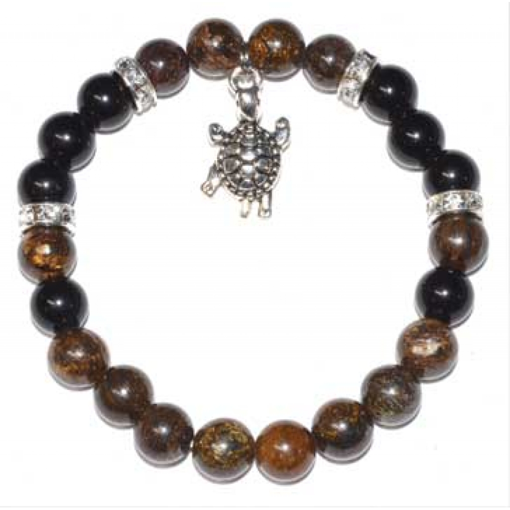 Bronzite & Rainbow Obsidian Bracelet with Turtle Charm