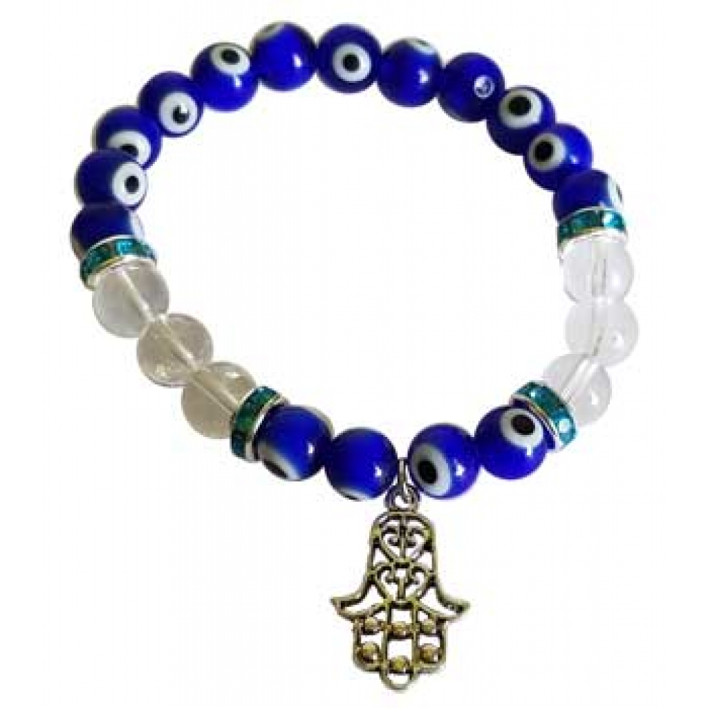 8mm Evil Eye & Clear Quartz Bracelet with Fatima Hand