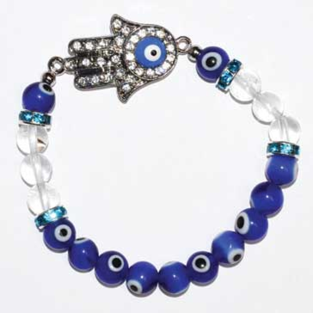 8mm Evil Eye & Clear Quartz Bracelet with Fatima Hand