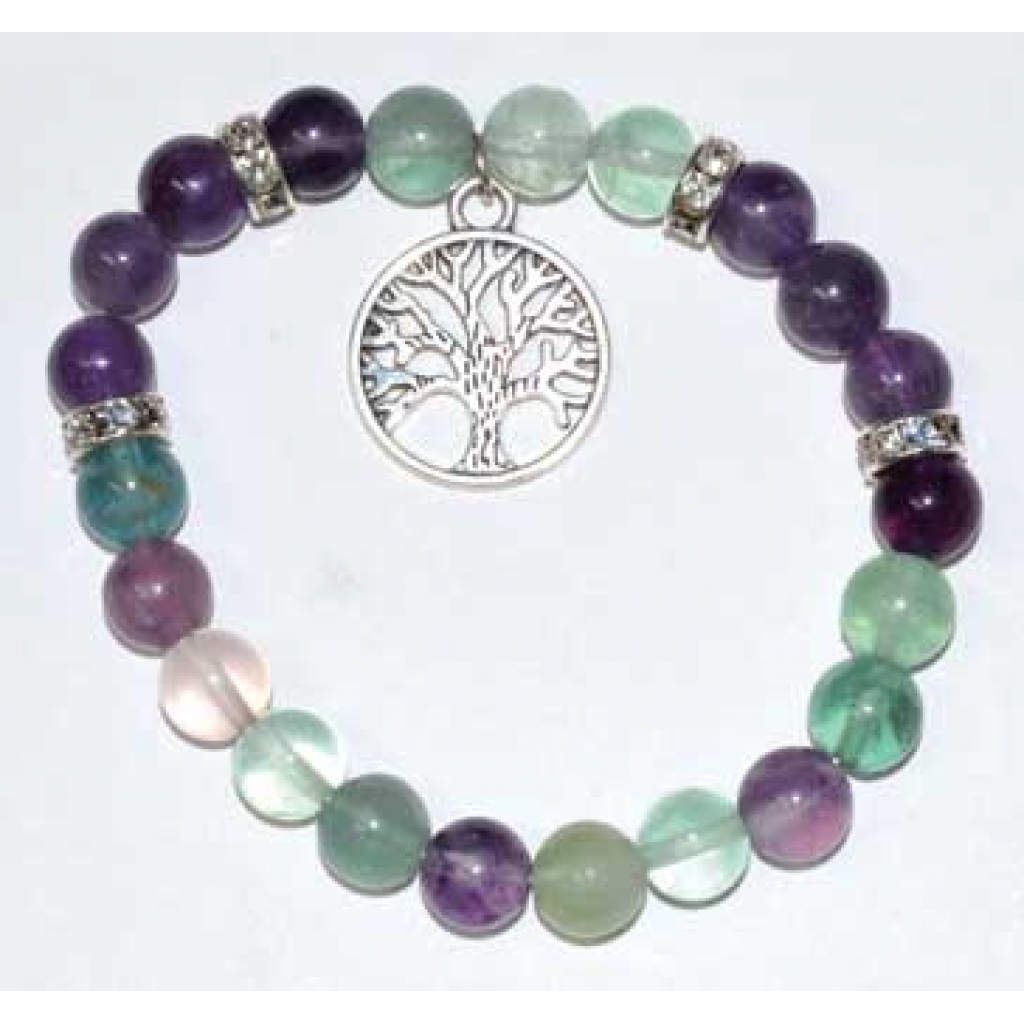 8mm Fluorite & Amethyst Bracelet with Tree of Life