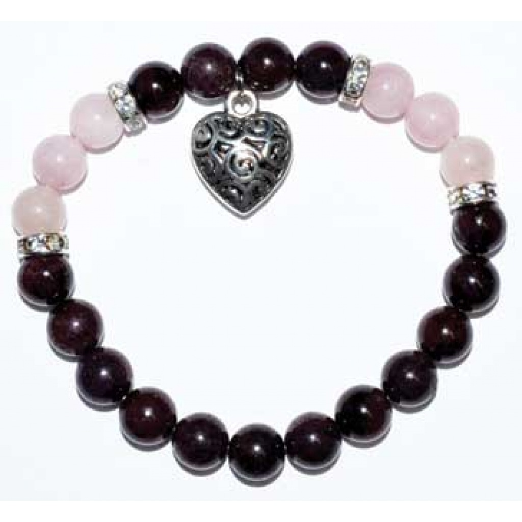 8mm Garnet and Rose Quartz Heart Bracelet