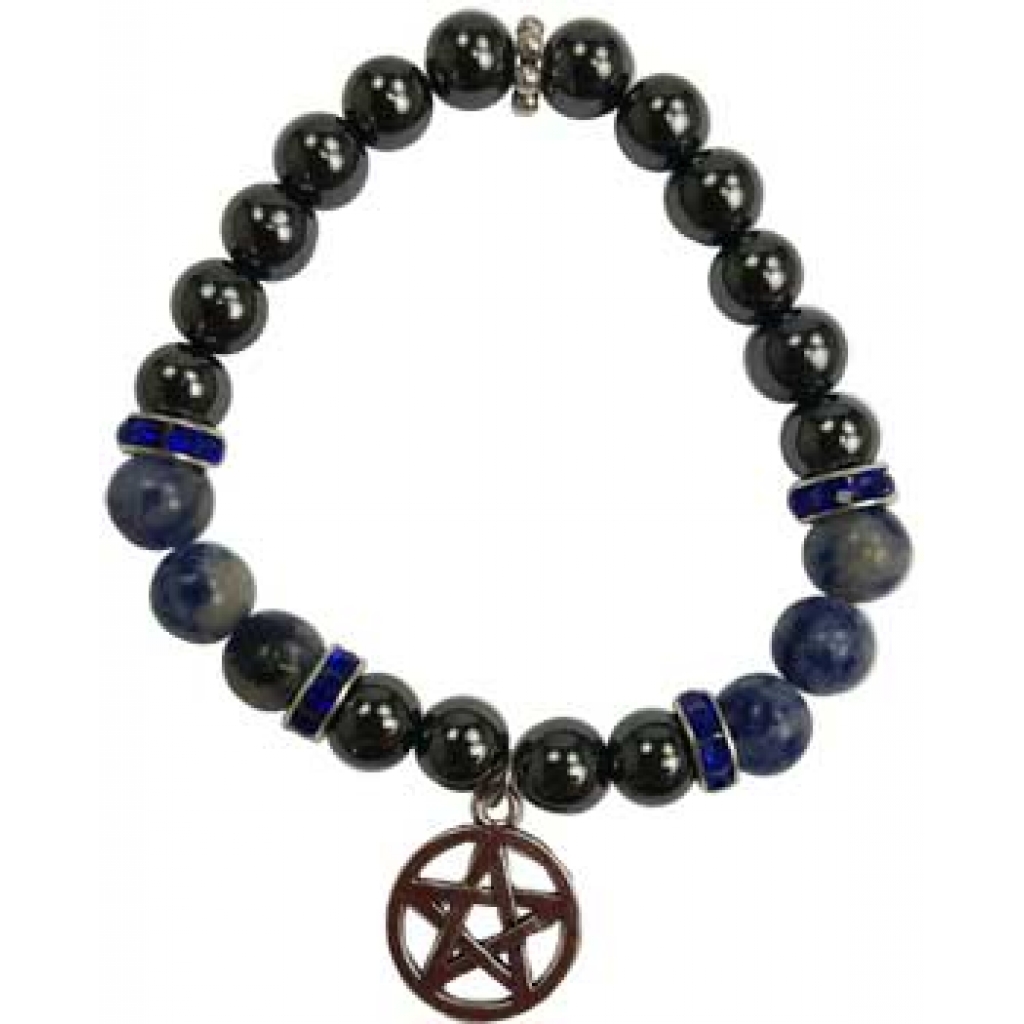 8mm Hematite and Sodalite Bracelet with Pentagram Charm