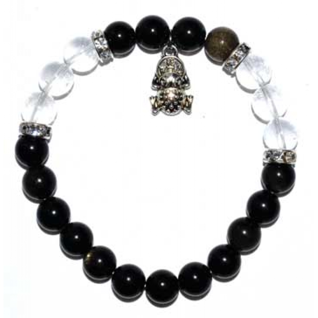 8mm Obsidian and Gold Sheen Quartz Bracelet with Frog Charm