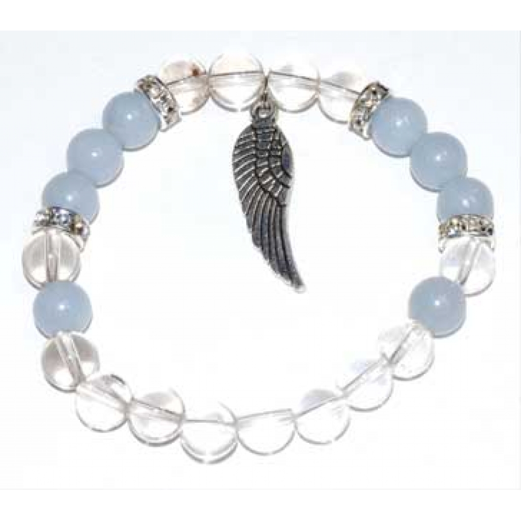 8mm Quartz & Angelite Beaded Bracelet - Angel Wing Charm