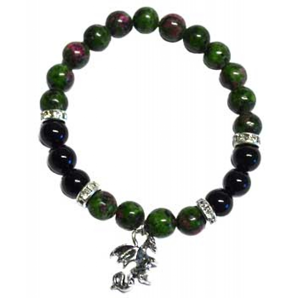 8mm Ruby Zoisite & Black Onyx Bracelet with Dragon