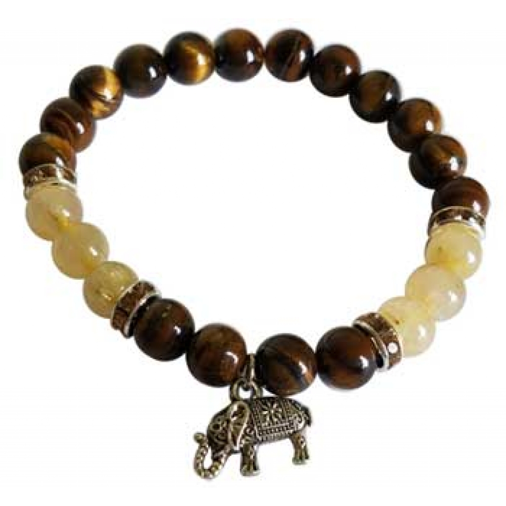 Tiger Eye & Rutilated Quartz Bracelet with Elephant Charm - 8mm