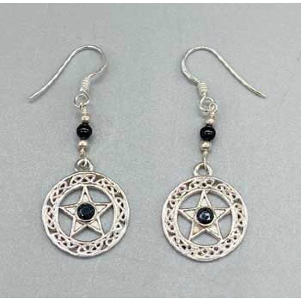 16mm Black Obsidian Pentagram Earrings - Celtic Design