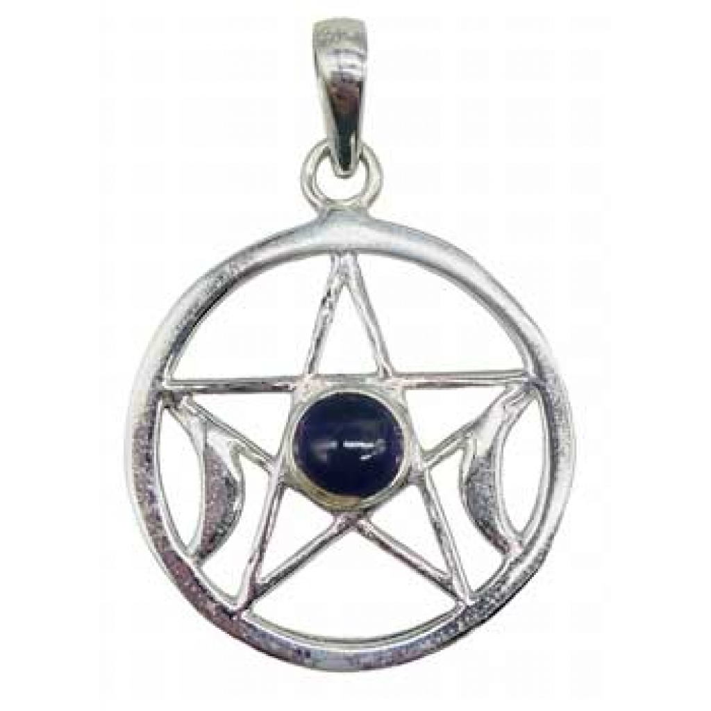 30mm Amethyst Pentagram Triple Moon Pendant: Celestial Jewelry