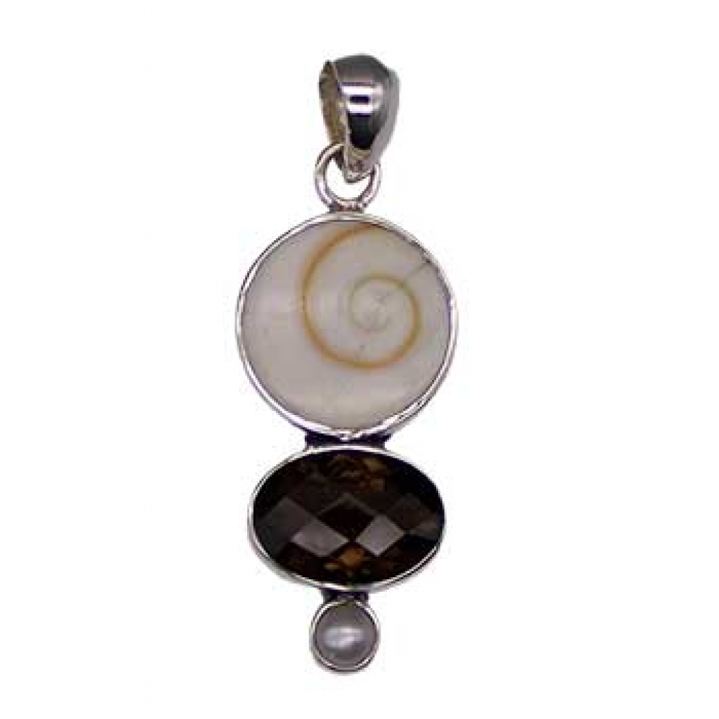 Shiva Eye Shell Pendant w/ Fresh Water Pearl and Smoky Quartz