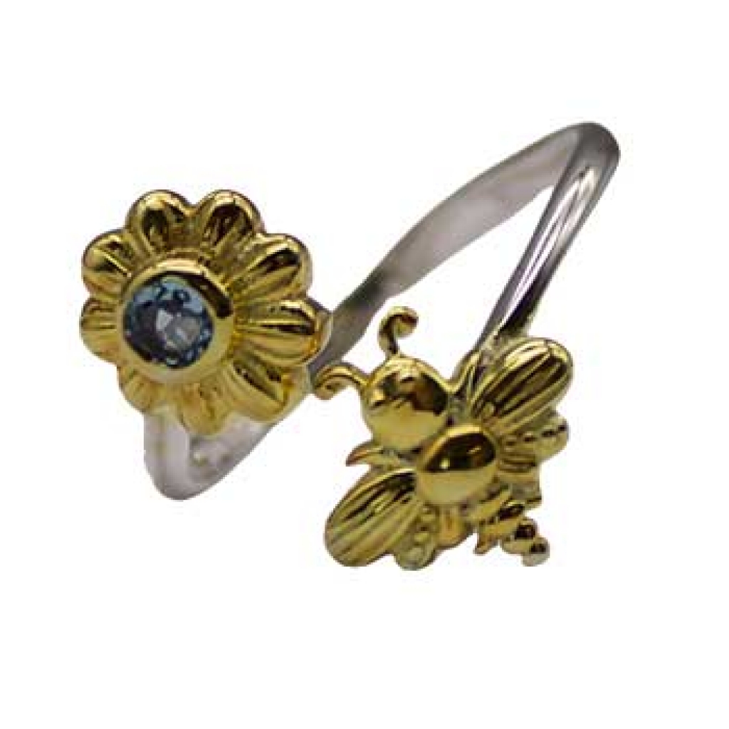 Bee and Flower Ring with Blue Topaz - Size 7