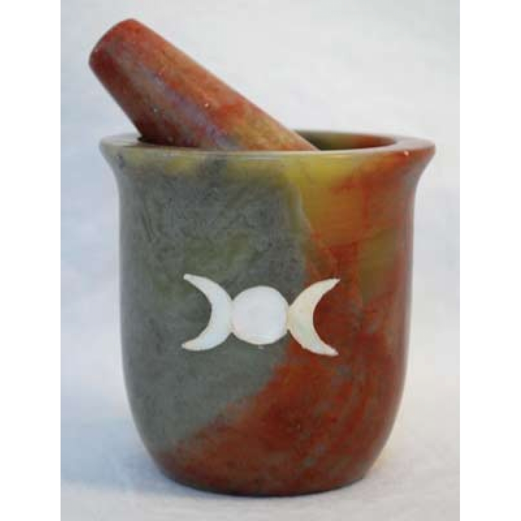 Pearl Inlaid Triple Moon Soapstone Mortar & Pestle Set