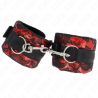 Kink - Muñequeras Cortas De Encaje Terciopelo Y Unión De Nylon Rojo/negro - Estilo BDSM