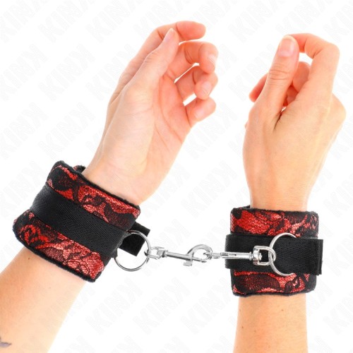 Kink - Muñequeras Cortas De Encaje Terciopelo Y Unión De Nylon Rojo/negro - Estilo BDSM