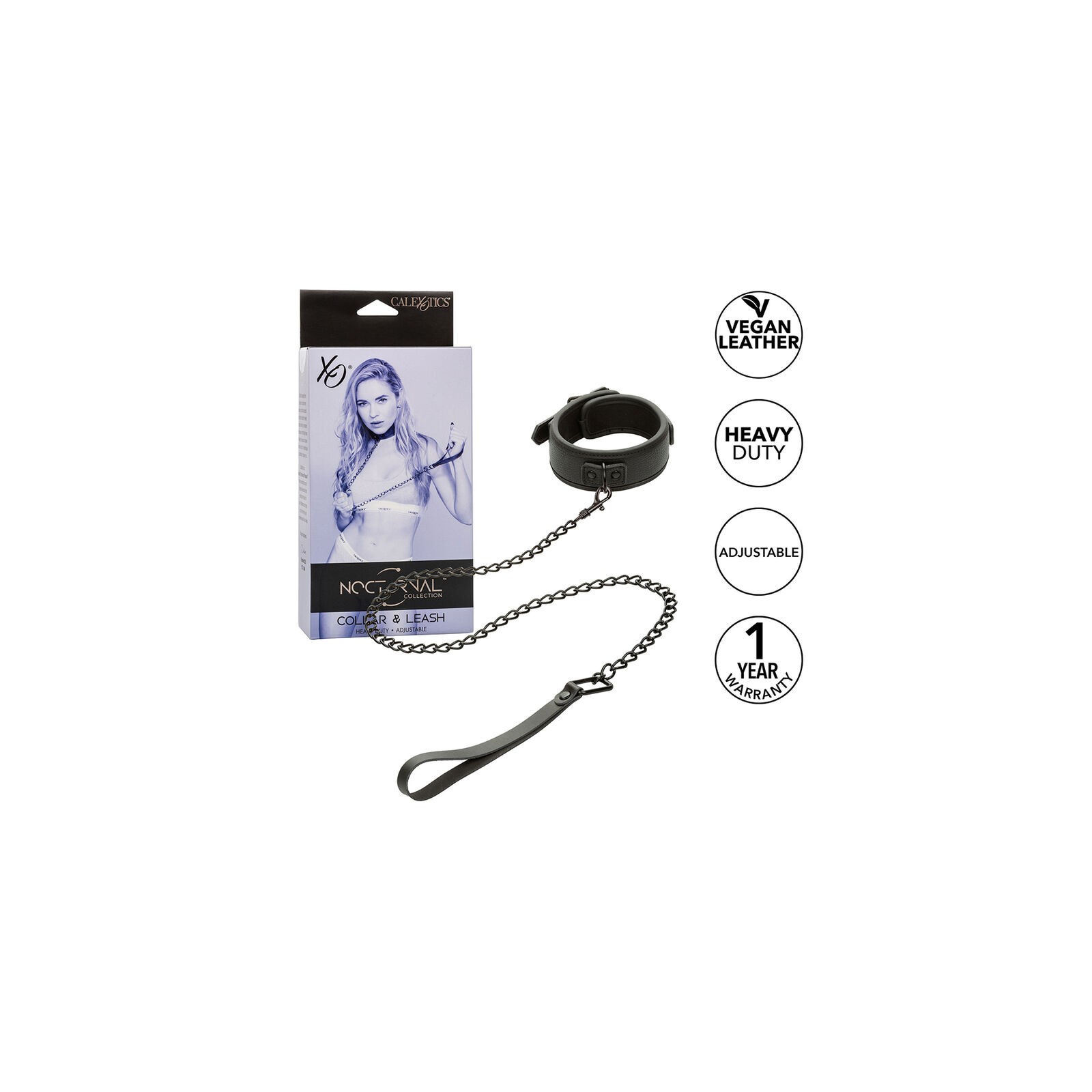 Nocturnal Adjustable Leather Collar and Leash for BDSM