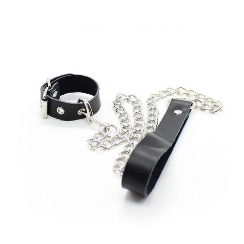 Fetish Leather Penis Collar with Chain for BDSM