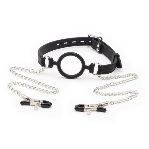 Ring Gag with Nipple Clamps for Fetish Play