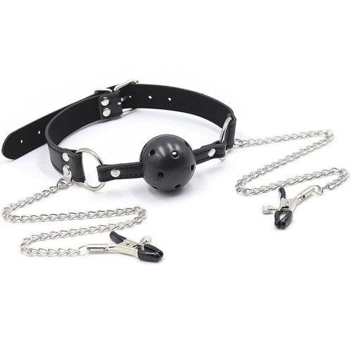 Ball Gag with Air Holes and Nipple Clamps