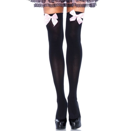 Black Thigh High Stockings with Pink Bow for Seductive Elegance