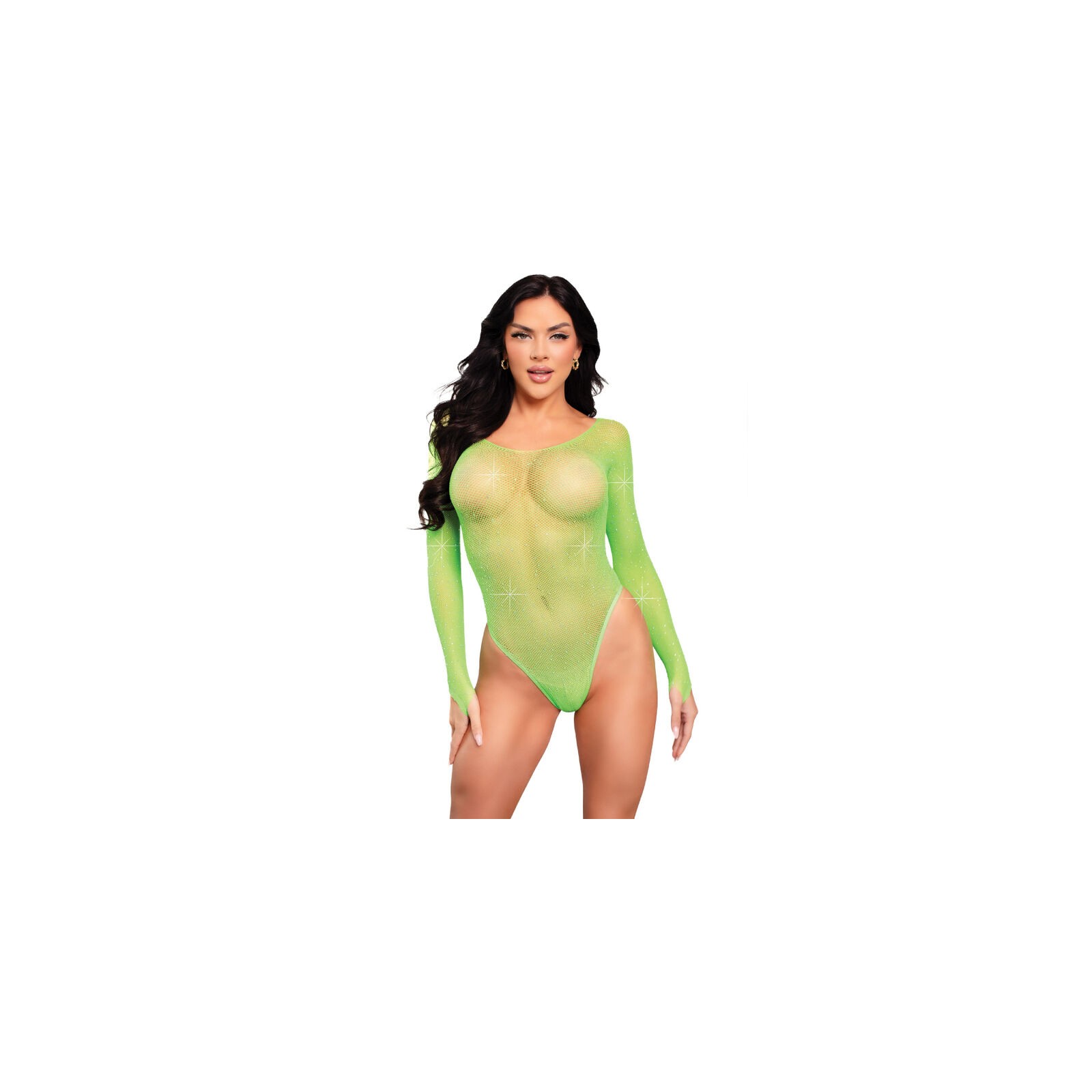 Rhinestone Long Sleeve Mesh Body Green