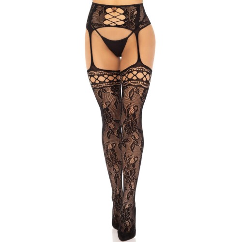 Leg Avenue Floral Lace Back Seam Stockings Black