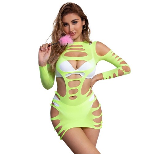 Vestido de Rejilla Elástico Manga Larga Verde Talla Única