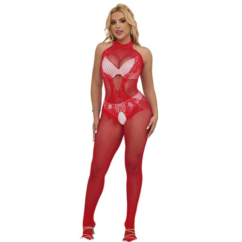 Sublime Crotchless Fishnet Bodystocking with High Neck - Red