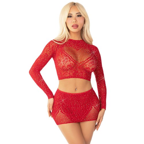 Leg Avenue Red Rhinestone Top + Skirt Set - Bold Party Look