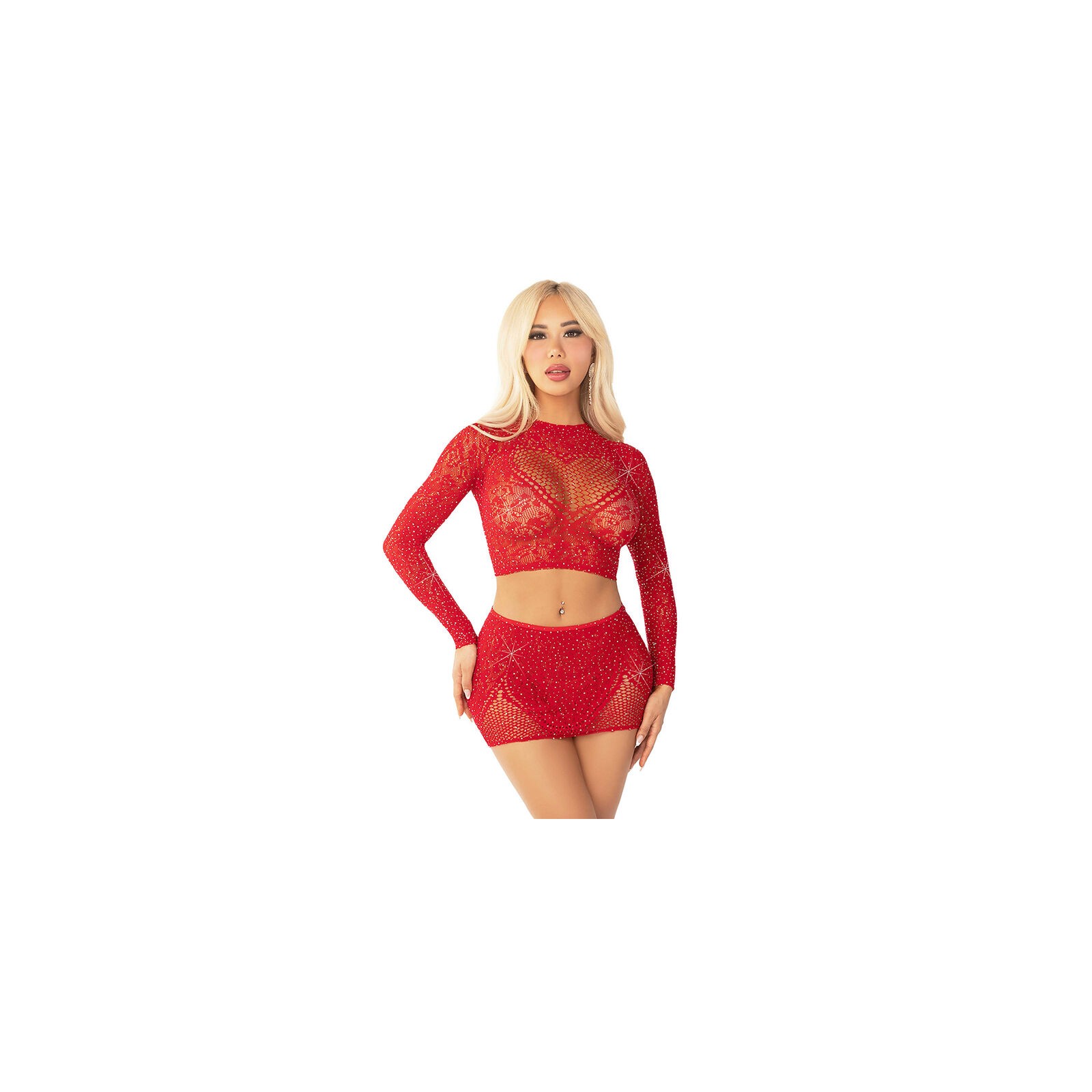 Leg Avenue Red Rhinestone Top + Skirt Set - Bold Party Look