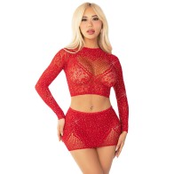 Leg Avenue Red Rhinestone Top + Skirt Set - Bold Party Look