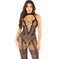 Leg Avenue - Bodystocking De Rejilla Con Estampado De Flores - Elegancia Seductora