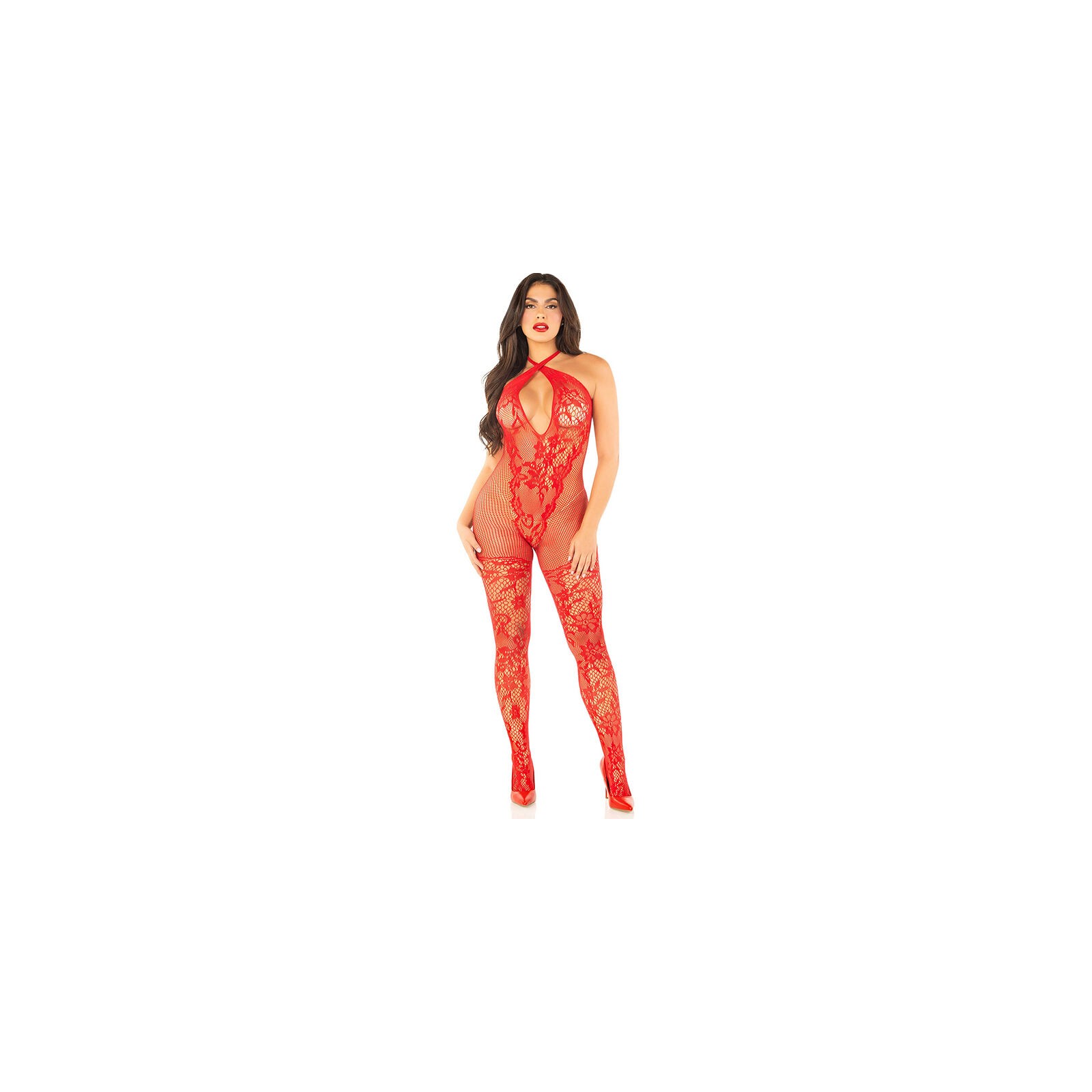 Leg Avenue Bodystocking De Rejilla Con Flores Rojas - Lencería Seductora