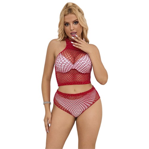 Subblime Mesh Set with Rhinestones Red - Eye-catching Lingerie