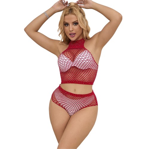 Subblime Mesh Set with Rhinestones Red - Eye-catching Lingerie