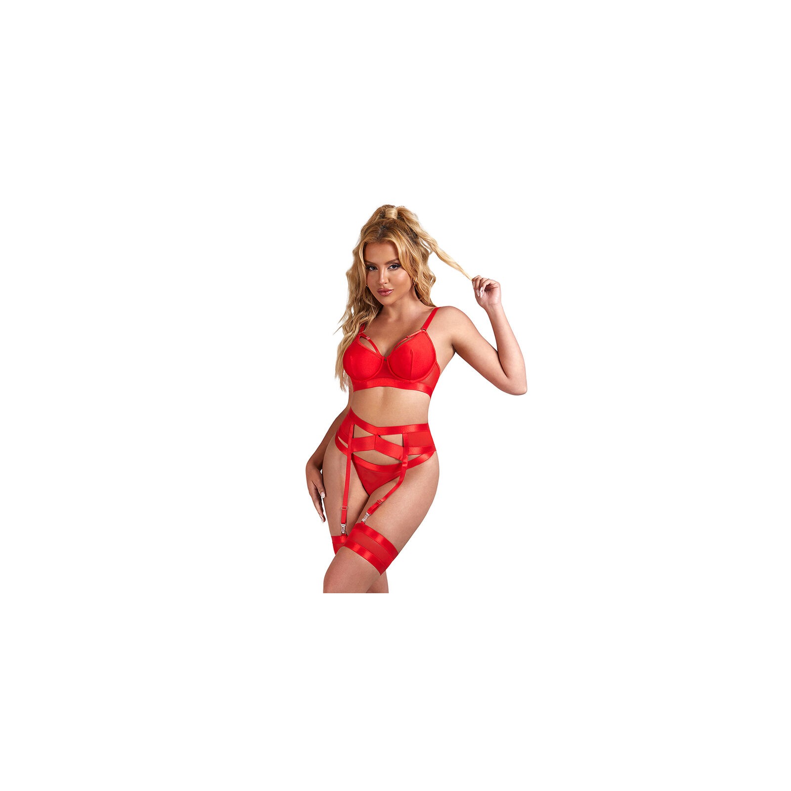 Sublime Red Bondage Lingerie Set with Garter - Bold and Provocative