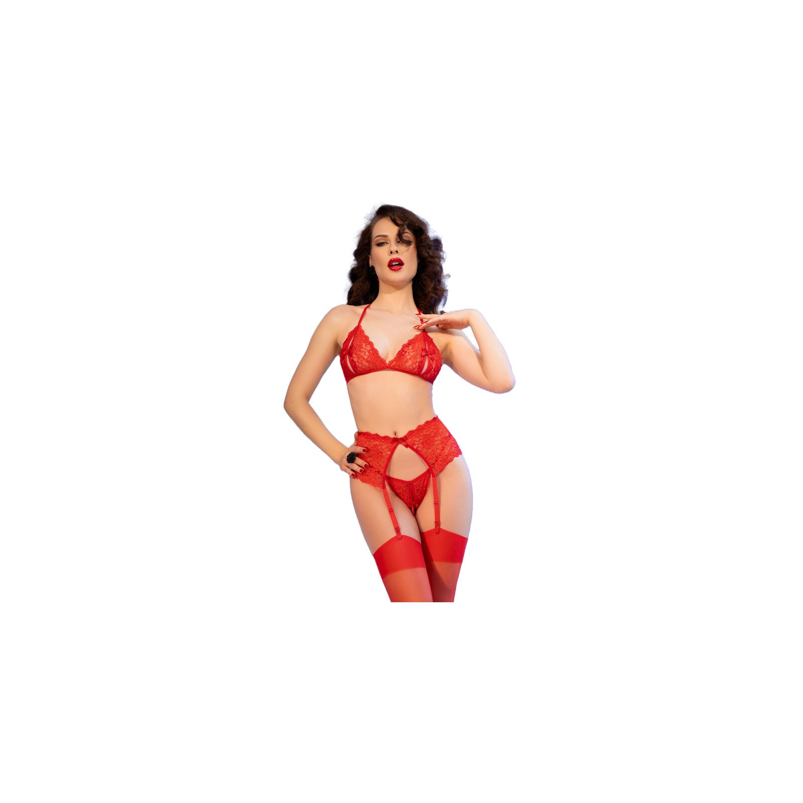 Chilirose CR 4848 Red Lace Bra Thong and Stockings S