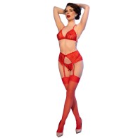 Chilirose CR 4848 Red Lace Bra Thong and Stockings S