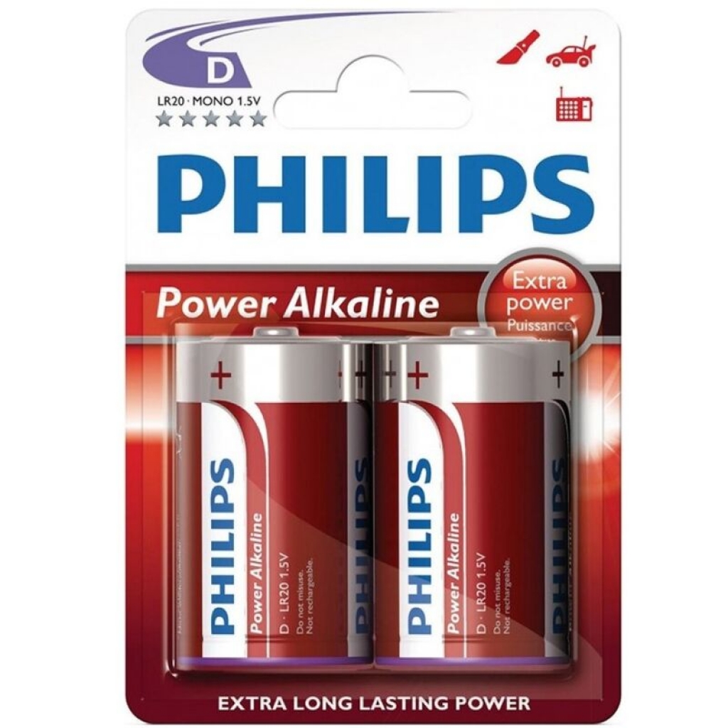 Philips Power Alkaline Pila D LR20 - Energía Confiable