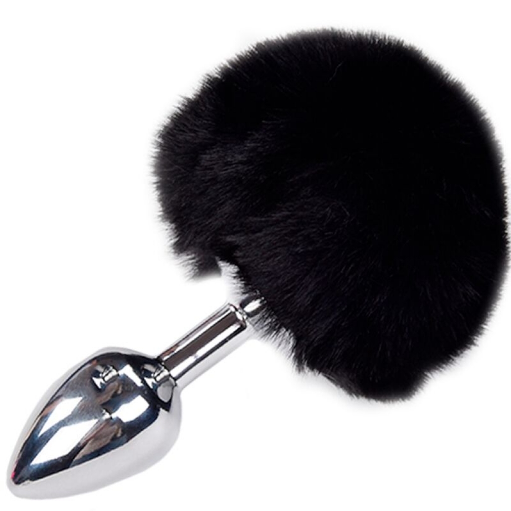 Plug Anal Liso Metal con Pompon Negro Talla M