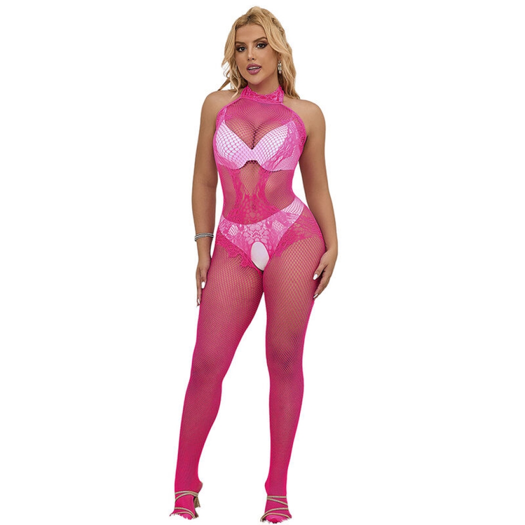 Subblime - Bodystocking Crotchless de Rejilla y Encaje con Cuello Alto