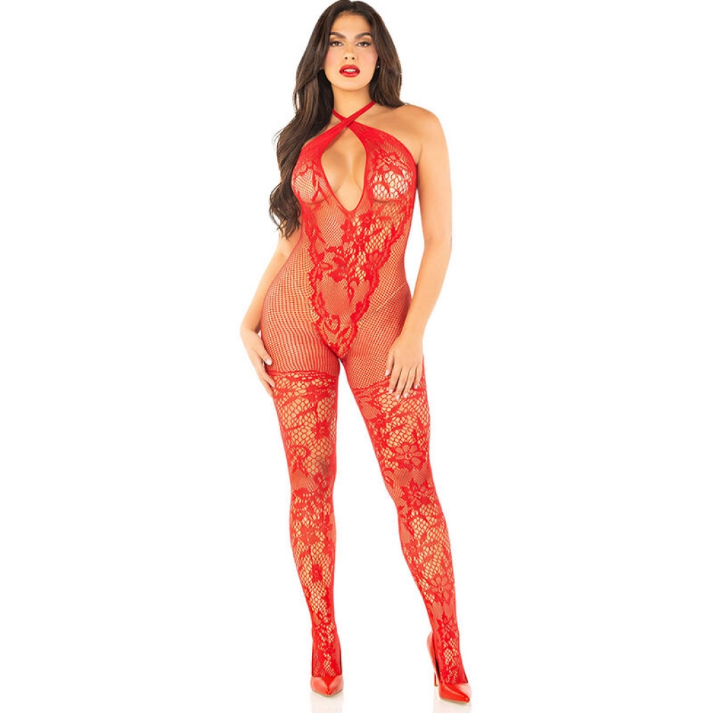 Leg Avenue - Bodystocking De Rejilla Con Estampado De Flores Rojo Talla Úni