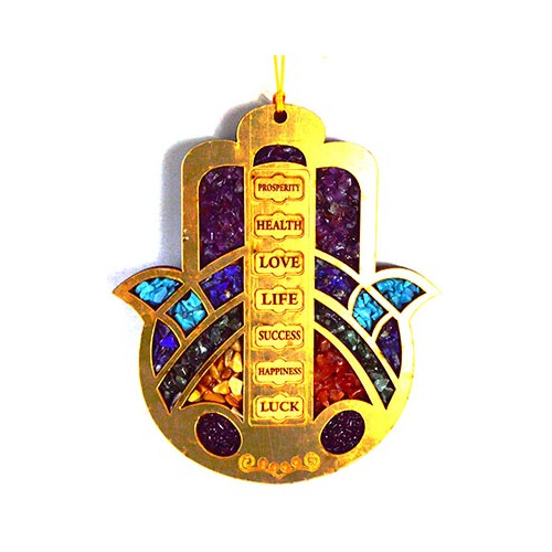 Wooden Hamsa Hand 6" with Crystals