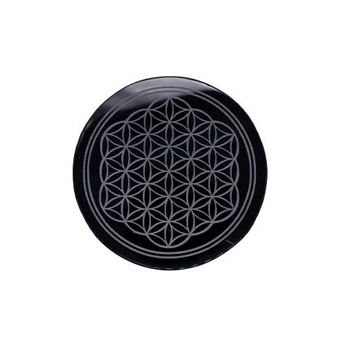 Black Obsidian Flower of Life Altar Tile 4"