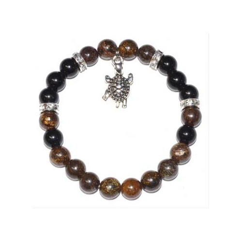 8mm Bronzite and Rainbow Obsidian Bracelet with Turtle Charm