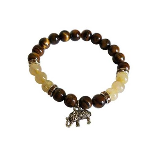 Pulsera de Ojo de Tigre y Cuarzo Rutilado con Elefante 8mm