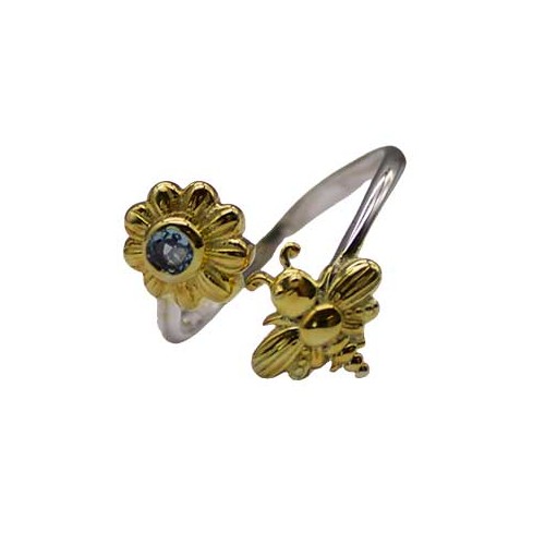 Size 7 Bee and Flower Ring with Blue Topaz Gemstone