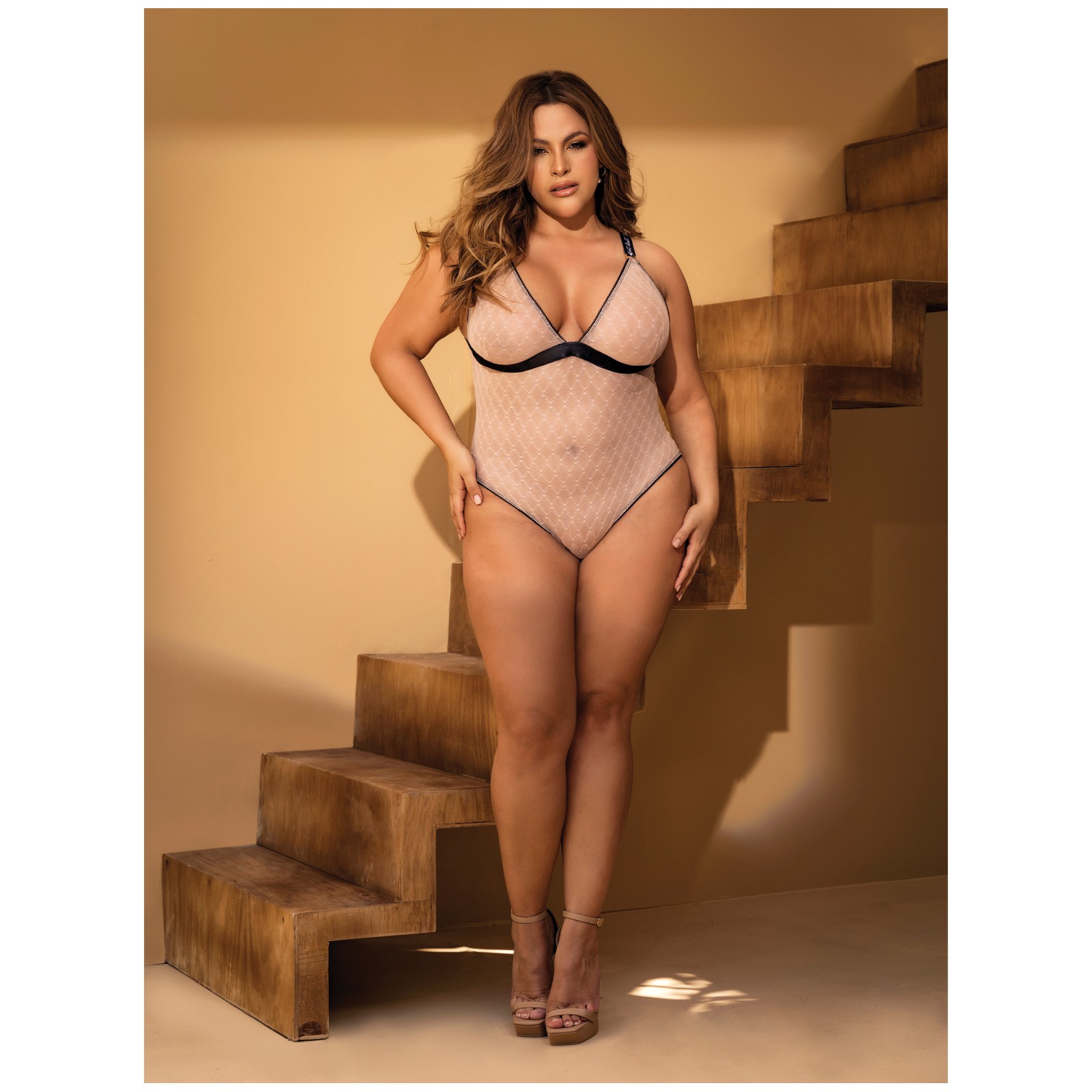 Bodysuit de Malla Diamante Nude Negro 3X 4X