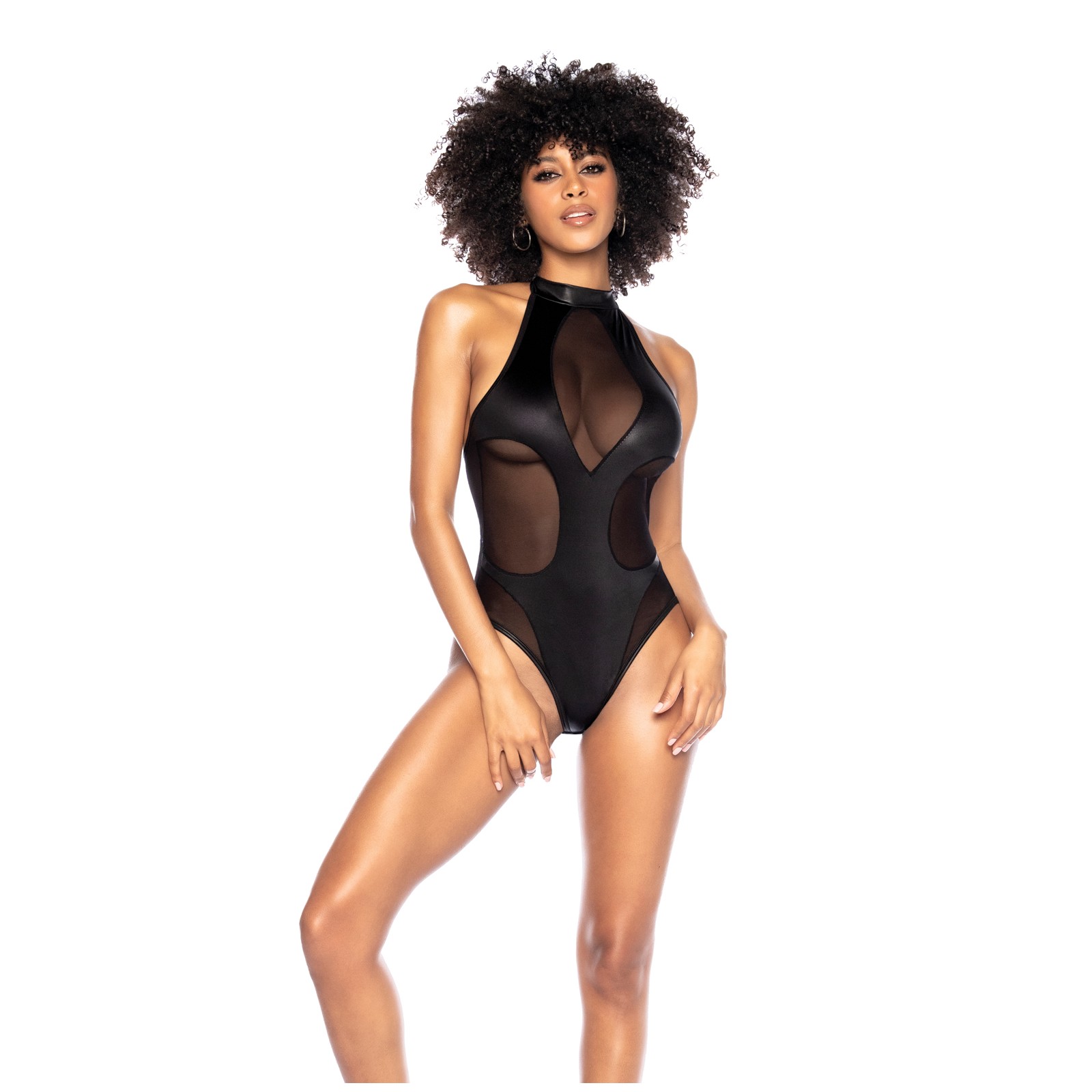 Bodysuit Halter Malla y Brillante Negra L/XL