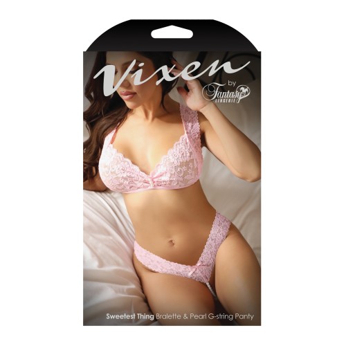 Conjunto de Bralette de Encaje Vixen y G-string con Perlas para Estilo Seductor