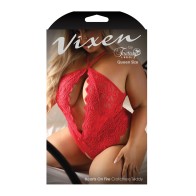 Teddy Crotchless Vixen Hearts on Fire - Rojo